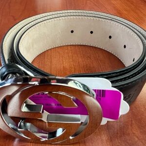 Gucci Men's Black Leather Belt with Silver Buckle